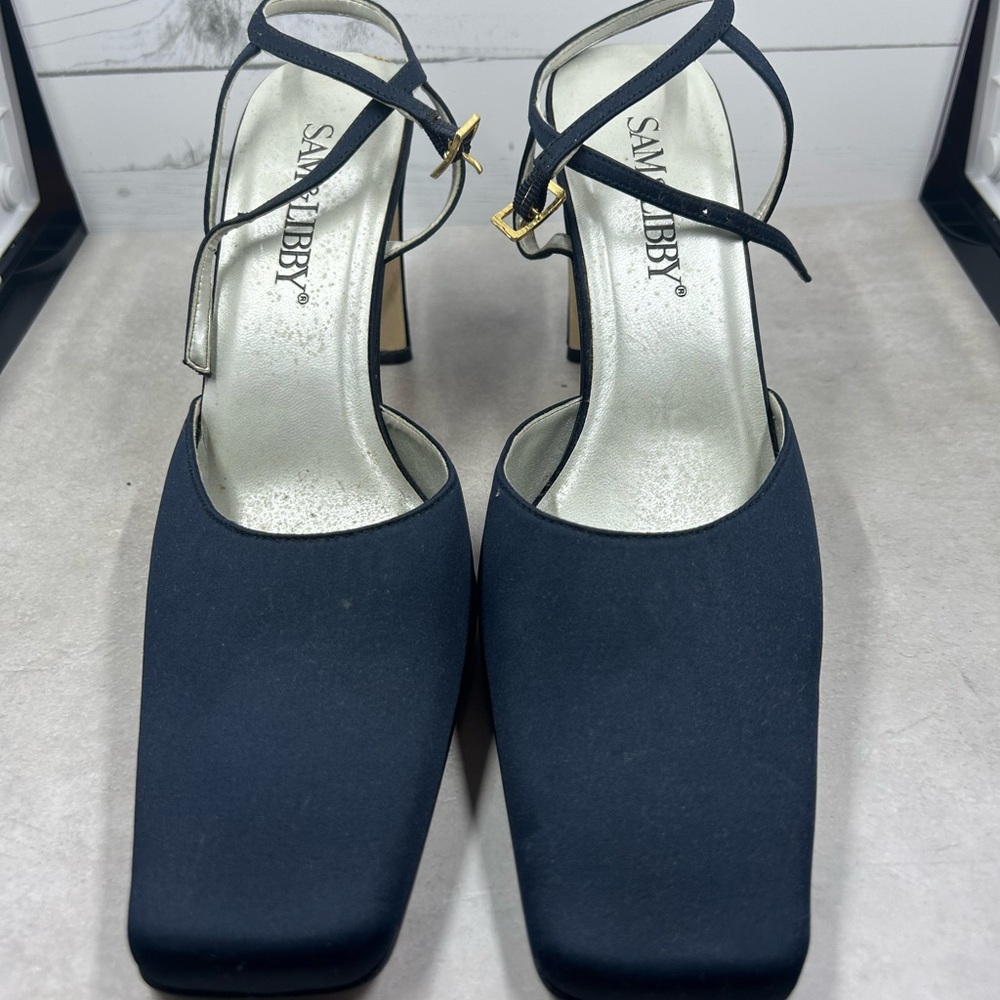 Sam & Libby Navy Blue Heels with Gold Buckle